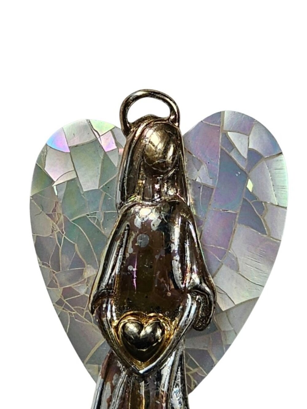 LC Angel Heart Pendant Silver Tone with Iridescent Mother-of-Pearl Heart VTG - Picture 4 of 5